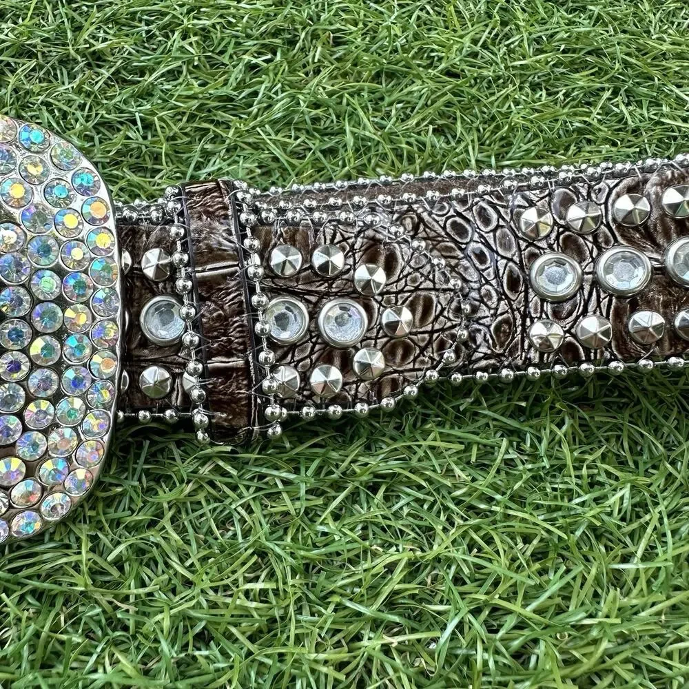 Pewter Rhinestone Cross‎ Crystal Croco Leather Snap On Buckle Belt Medium